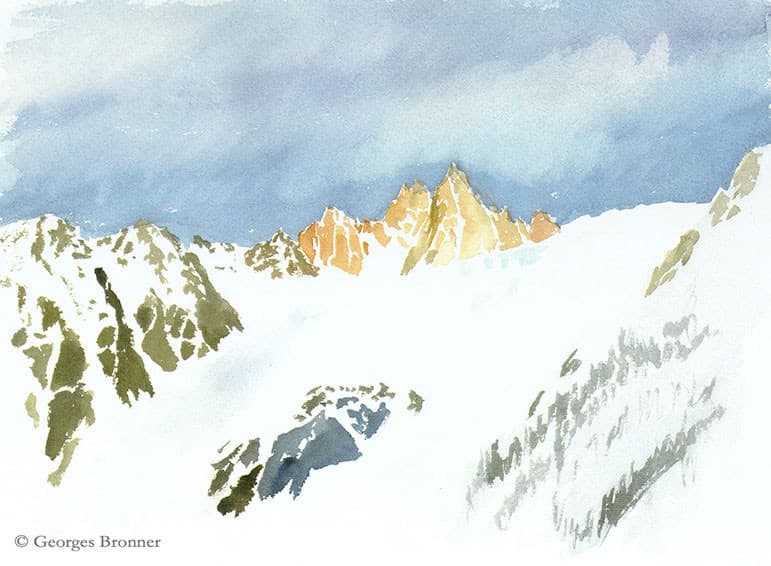Winter sun on the aiguille and glacier du Tour. Size 37x27 cm aquarelle-aiguille-glacier-tour-hiver