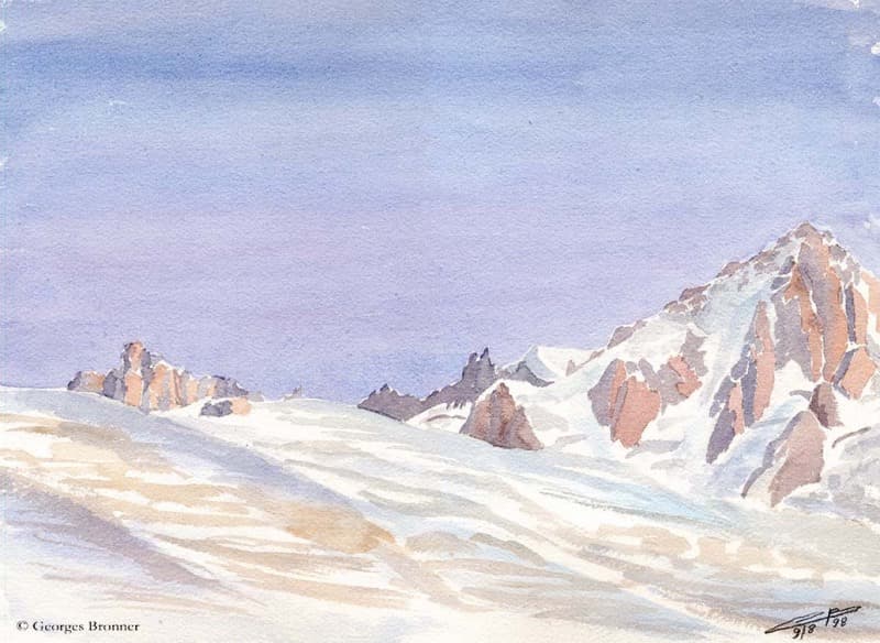 Glacier du Tour at sunrise, from the refuge Albert 1er, 09 August 1998. Size 37x27 cm aquarelle-chardonnet-albert-premier