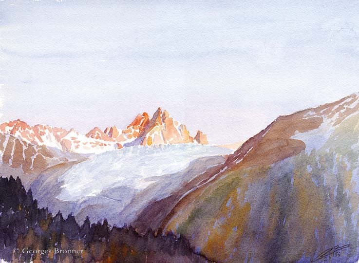Sunset on the aiguille du Tour, Novembre 1996. Size 36x26 cm aquarelle-coucher-soleil-aiguille-tour