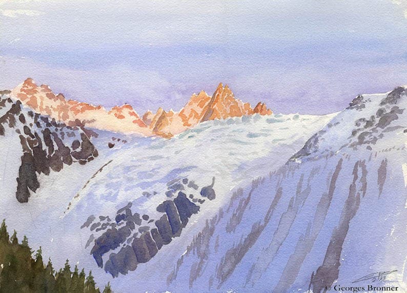 Glacier and aiguille du Tour in winter, February 1998. Size 37x27 cm aquarelle-glacier-aiguille-tour-hiver