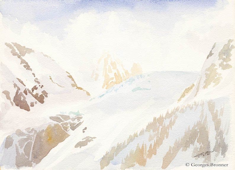 Glacier and aiguille du Tour, 20 April 1990. Size 38x27 cm aquarelle-glacier-aiguille-tour