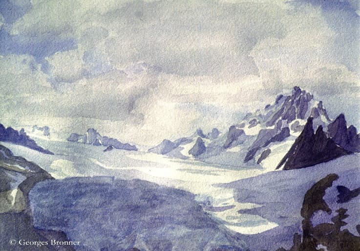 Glacier du Tour, aiguille du Chardonnet, August 1989. Size 37x27 cm aquarelle-glacier-tour-chardonnet-1